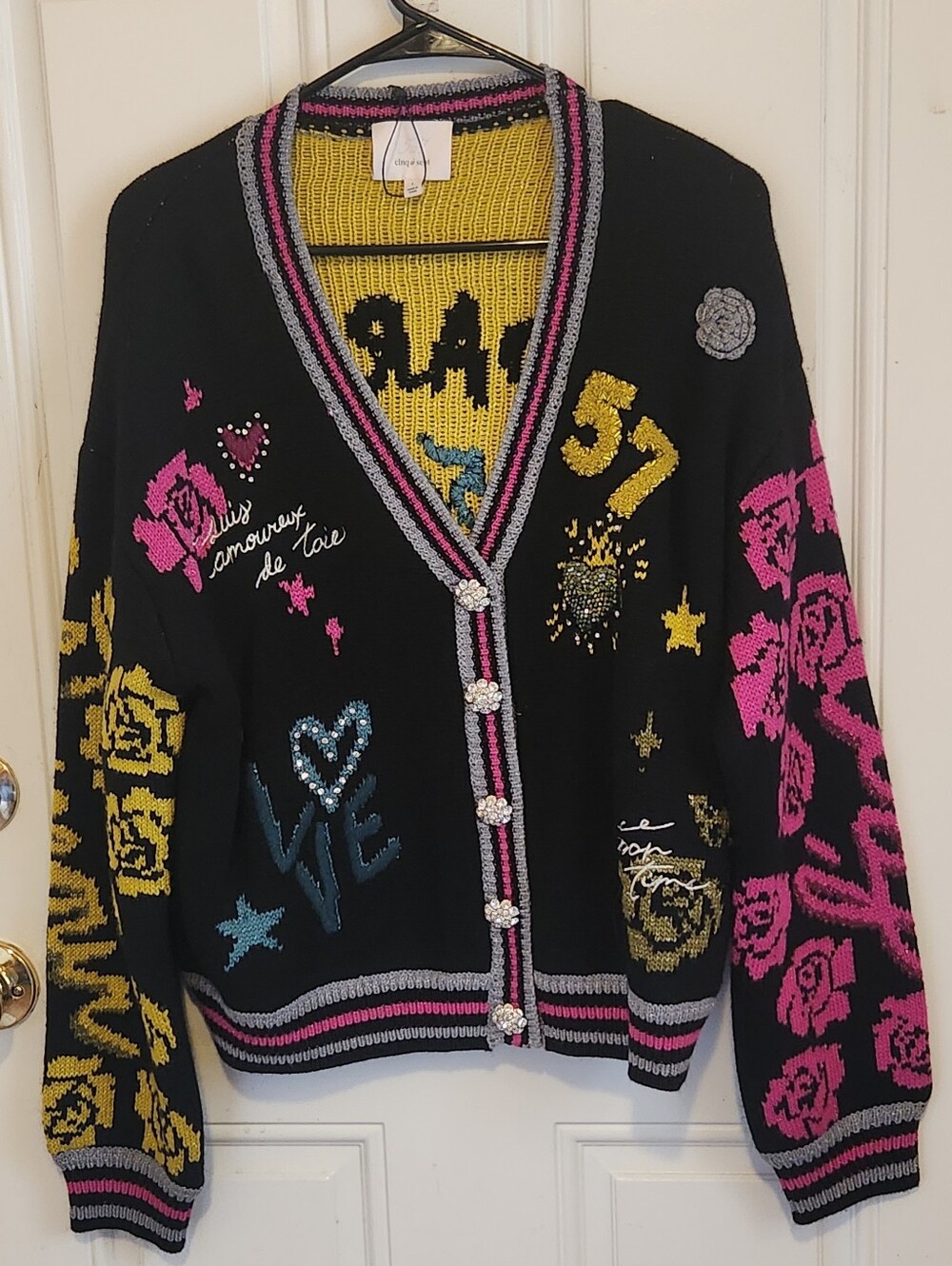 Cinq ă sept.  Women’s Black Graphic Knit Cardigan Sweater - Multicolor Accents